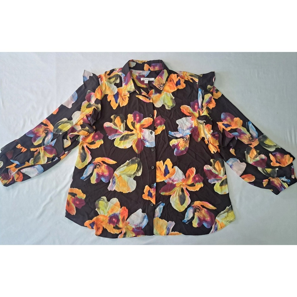 Chico's LS Ruffle All-Over Floral Sz 3 (16) ButtonUp Artsy Bloomcore Maximalist